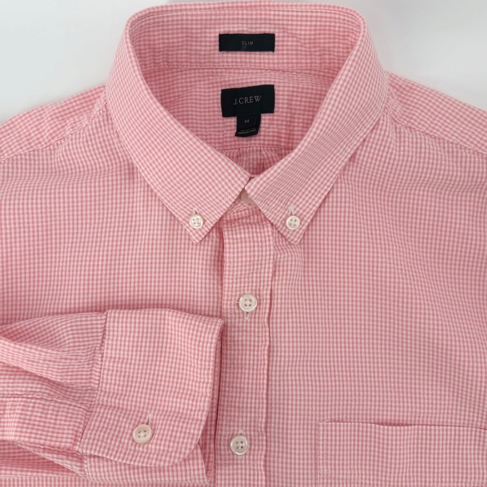 J.Crew Mens M Slim Fit Gingham Button Down Shirt Pink‎ White Long Sleeve